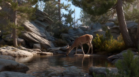 Deer stands at rocky stream edge in pine forest. Dappled sunlight and calm water evoke serenity, natural beauty, and quiet wildlife presence.の素材