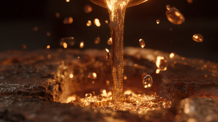 Golden-orange molten metal streams into mold, splashing and glowing. A vivid moment of industrial transformation and elemental intensity in casting.の素材