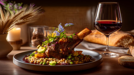 Richly glazed lamb shank atop couscous with peas and herbs. Edible flowers, wine, and candle evoke warmth, elegance, and gourmet dining artistry.の素材