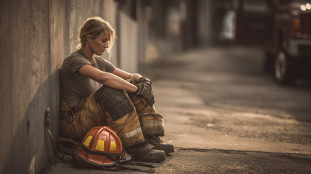 Firefighter seated in gear beside helmet and gloves. Soft light and bowed posture evoke reflection, resilience, and the human side of emergency response.の素材