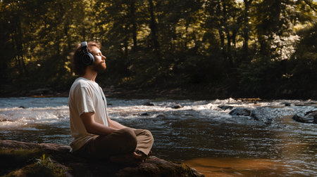 Seated figure meditates with headphones near river. Sunlight, lush trees, and gentle rapids evoke mindfulness, nature connection, and peaceful solitude.の素材