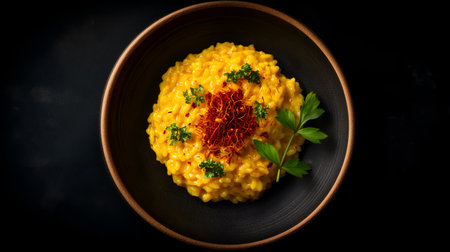 Golden risotto with saffron threads and parsley. Rich color and creamy texture evoke clarity, warmth, and editorial depth in gourmet culinary and cultural storytelling.の素材