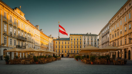 Flag rises beside striped umbrellas and ornate facades. Warm light and architectural charm evoke clarity, heritage, and editorial depth in cultural and leisure storytelling.の素材