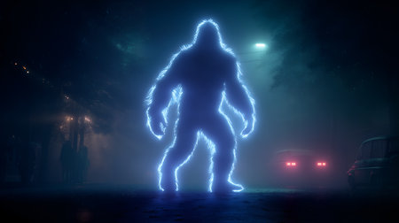 Ethereal figure outlined in blue light on misty road. Dramatic contrast and surreal atmosphere evoke clarity, mystery, and editorial depth in folklore and sci-fi storytelling.の素材