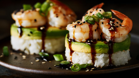 Layered shrimp and avocado evoke clarity, ritual, and editorial depth in sushi storytelling. Sesame seeds and scallions highlight texture, freshness, and plated precision.の素材