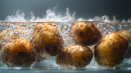 Earthy skins and rising bubbles evoke clarity, ritual, and editorial depth in culinary storytelling. Submersion and surface motion highlight texture, process, and root rhythm.の素材