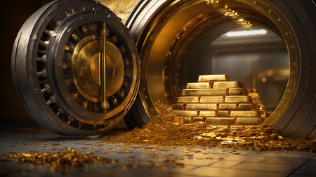 Stacked bars and scattered coins evoke clarity, ritual, and editorial depth in wealth storytelling. Vault bolts and golden glow highlight security, luxury, and financial symbolism.の素材