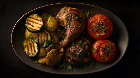 Charred chicken and vibrant vegetables evoke clarity, ritual, and editorial depth in culinary storytelling. Grill marks and herbs add warmth and rustic texture.の素材