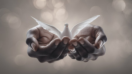 Lifted dove and protective hands evoke clarity, ritual, and editorial depth in symbolic storytelling. Themes of peace, care, and dignity radiate through contrast and gesture.の素材