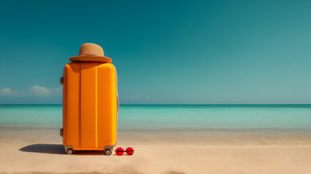 Bright suitcase with hat and red sunglasses on beach near turquoise water. Ideal for editorial, travel, lifestyle, vacation, or leisure photography themes.の素材