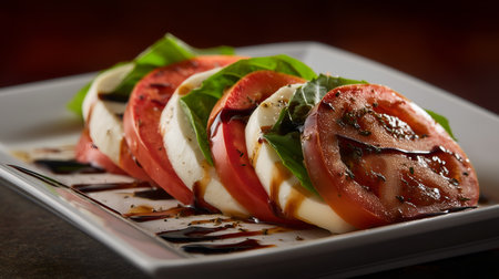 Classic Caprese salad with fresh tomato, mozzarella, basil, and balsamic glaze. Ideal for editorial, culinary, Mediterranean, or fresh food photography themes.の素材