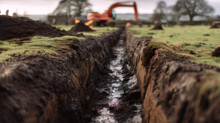 Narrow trench with moist soil in rural field, excavator in background under cloudy sky. Ideal for editorial, construction, infrastructure, or environmental photography themes.の素材
