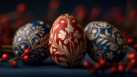 Three ornate Easter eggs with floral patterns and red berries on dark blue background. Ideal for editorial, seasonal, cultural, or festive photography themes.の素材