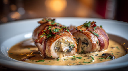 Three chicken roulades wrapped in bacon, filled with mushrooms, served in creamy herb sauce. Ideal for editorial, culinary, gourmet, or fine dining photography themes.の素材
