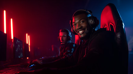 Competitive gaming scene with headset players in red-blue neon light. Ideal for editorial, esports, youth culture, or tech lifestyle photography themes.の素材
