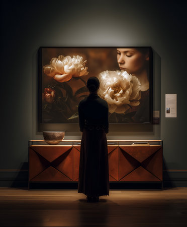 Individual stands before warm-toned artwork of peonies and serene face in curated gallery. Ideal for editorial, art, lifestyle, or exhibition photography themes.の素材
