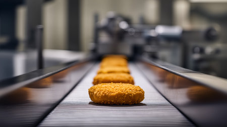 Close-up of breaded products on conveyor in food factory. Ideal for editorial, industrial, manufacturing, or food technology photography themes.の素材