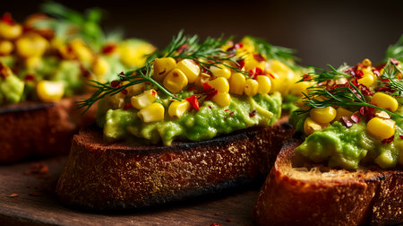 Close-up of crispy bread topped with avocado, corn, dill, and chili flakes. Ideal for editorial, culinary, wellness, or lifestyle photography themes.の素材