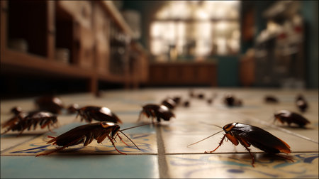 Multiple cockroaches crawl across patterned kitchen tiles in low light. Ideal for editorial, pest control, hygiene awareness, or horror-themed photography cycles.の素材