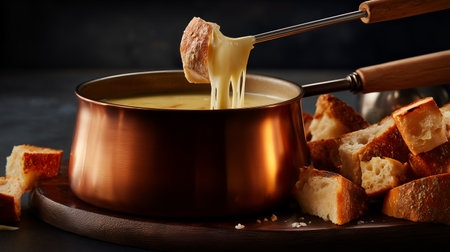 Close-up of gooey cheese fondue with crusty bread and warm lighting. Ideal for editorial, culinary, lifestyle, or festive photography themes.の素材