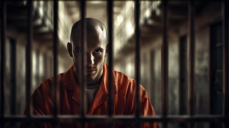 Framed face and metal bars evoke clarity, ritual, and editorial depth in justice storytelling. Themes of confinement, punishment, and human resilience radiate through light and gas.の素材