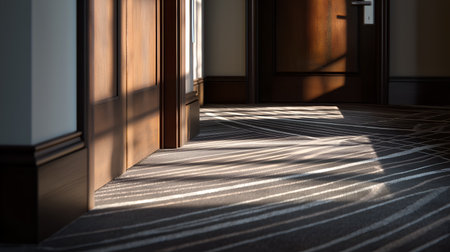 Intersecting shadows and carpet lines evoke clarity, ritual, and editorial depth in spatial storytelling. Warm wood and soft light highlight texture, contrast, and architectural rhythm.の素材