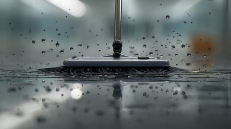 Droplet motion and fiber spread evoke clarity, ritual, and editorial depth in cleanliness storytelling. Floor sheen and blurred backdrop highlight contrast, action, and hygienic rhythm.の素材