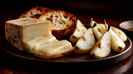 Wooden platter with creamy cheese, sliced pears, and sourdough bread on dark background. Ideal for editorial, culinary, hospitality, or food styling photography themes.の素材
