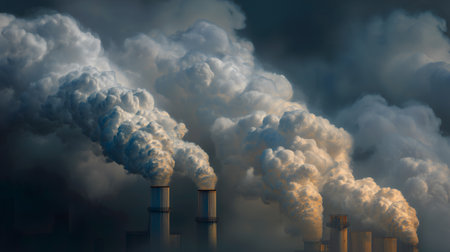 Billowing smoke and weathered stacks evoke clarity, ritual, and editorial depth in environmental storytelling. Dramatic clouds highlight impact, urgency, and visual tension.の素材