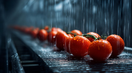Glistening skins and misted spray evoke clarity, ritual, and editorial depth in production storytelling. Conveyor motion and water droplets highlight hygiene, freshness, and industrial rhythm.の素材