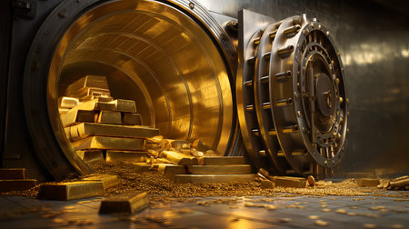 Bolted steel and golden stacks evoke clarity, ritual, and editorial depth in wealth storytelling. Reflective surfaces and scattered coins highlight luxury, security, and financial symbolism.の素材