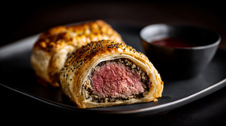 Close-up of medium-rare Beef Wellington wrapped in golden puff pastry with poppy seeds, served with sauce. Ideal for editorial, culinary, gourmet, or fine dining photography themes.の素材