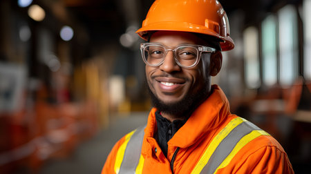 Person in orange hard hat and reflective jacket smiling in industrial setting. Ideal for editorial, construction, safety, or occupational photography themes.の素材