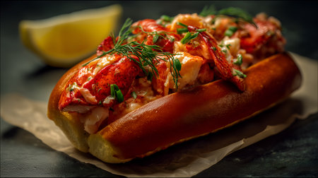 Golden bun and fresh lobster evoke clarity, ritual, and editorial depth in seafood storytelling. Dill, chives, and lemon add texture, brightness, and coastal charm.の素材