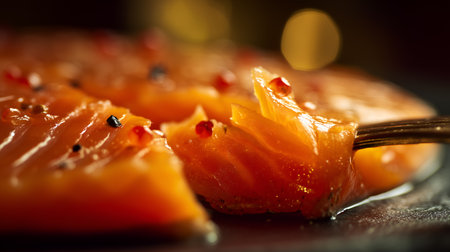 Fork lift and pepper shimmer evoke clarity, ritual, and editorial depth in culinary storytelling. Fat marbling and bokeh glow highlight freshness, contrast, and gourmet rhythm.の素材