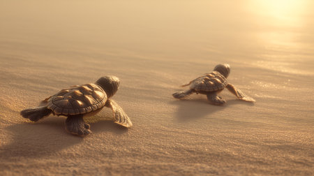 Baby sea turtles journey toward waves on warm beach. Soft light and instinctive motion evoke life cycles, marine resilience, and poetic environmental storytelling.の素材