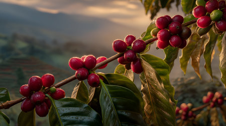 Close-up of red coffee cherries and glossy leaves with water droplets, set against sunlit hills. Ideal for editorial, agriculture, sustainability, or botanical photography themes.の素材