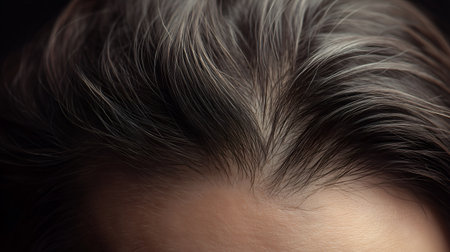 Visible scalp and gray strands evoke clarity, ritual, and editorial depth in aging and hair health storytelling. Texture and lighting highlight anatomy, care, and clinical realism.の素材