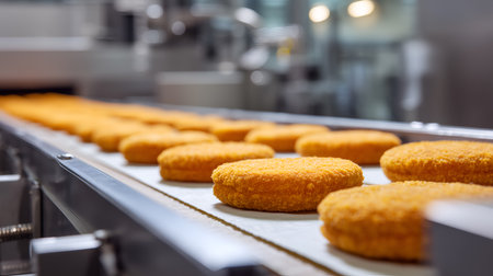 Uniform breaded patties move along conveyor in food processing facility. Ideal for editorial, industrial, manufacturing, or food technology photography themes.の素材