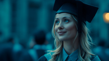 Outdoor portrait of graduate in cap and gown with soft lighting and blurred crowd. Ideal for editorial, education, lifestyle, or milestone photography themes.の素材
