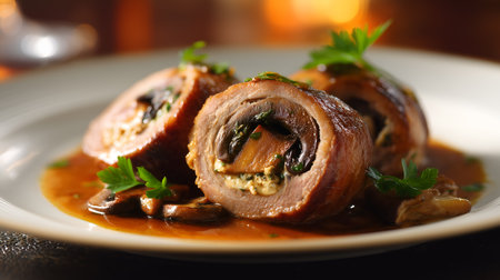 Sliced meat rolls with mushroom-spinach stuffing, brown sauce, and parsley garnish. Ideal for editorial, culinary, gourmet, or fine dining photography themes.の素材