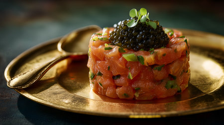 Diced salmon and glossy caviar evoke clarity, ritual, and editorial depth in gourmet storytelling. Golden plating and microgreens highlight luxury and precision.の素材