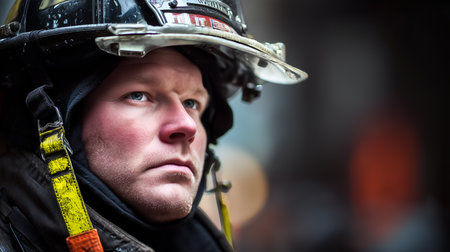 Close-up of firefighter in helmet and hood with serious gaze. Blurred city backdrop and dramatic lighting evoke resilience, focus, and editorial emergency clarity.の素材