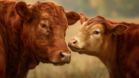 Close-up of adult cow and calf touching noses in grassy field. Ideal for editorial, agriculture, animal bonding, or pastoral lifestyle photography themes.の素材