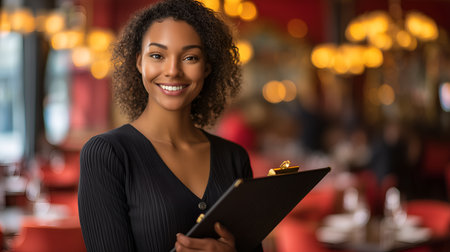 Portrait of woman in black top holding clipboard in upscale restaurant with red walls and hanging lights. Ideal for editorial, hospitality, lifestyle, or service photography themes.の素材