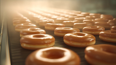 Golden donuts in neat rows on a warm-lit conveyor. Glossy glaze and rhythmic layout evoke clarity, indulgence, and editorial depth in culinary and production storytelling.の素材