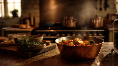 Simmering vegetable stew in copper pot with herbs, bread, and warm light. Ideal for editorial, culinary, lifestyle, or home cooking photography themes.の素材
