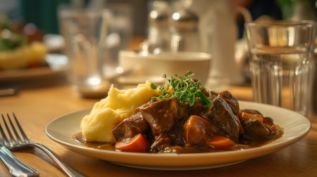 Close-up of hearty beef stew with carrots and creamy mashed potatoes, garnished with herbs. Ideal for culinary, comfort food, lifestyle, or editorial food photography themes.の素材