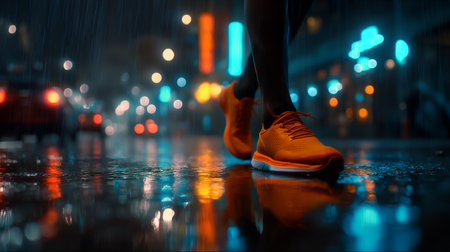 Rain-soaked pavement and blurred lights evoke clarity, ritual, and editorial depth in urban motion storytelling. Orange shoes and water droplets highlight energy, rhythm, and nocturnal contrast.の素材