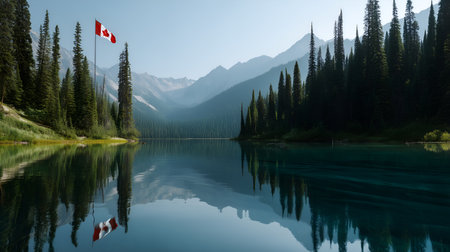Flag rises beside mirrored lake and evergreen forest. Clear water and mountain light evoke clarity, heritage, and editorial depth in natural and national storytelling.の素材
